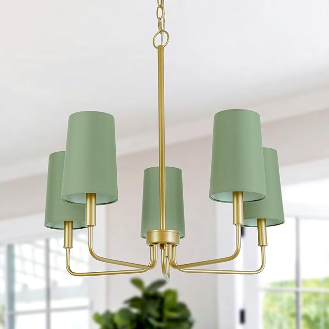 Chandelier, Gold with Muted Green Linen Fabric Shade, Farmhouse Linear Island Lighting Fixture for Kitchen, Dining Room