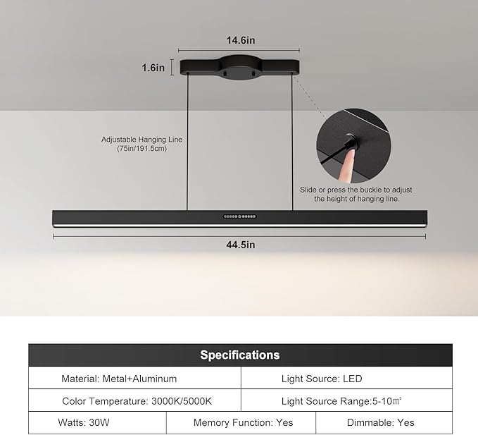 44.5" Dimmable LED Linear Kitchen Island Pendant Light Fixtures with Memory Function, 30W Modern Touch Control Chandelier, Adjustable Color Temperature, Dining Room Light Fixture for Office Bar, Black