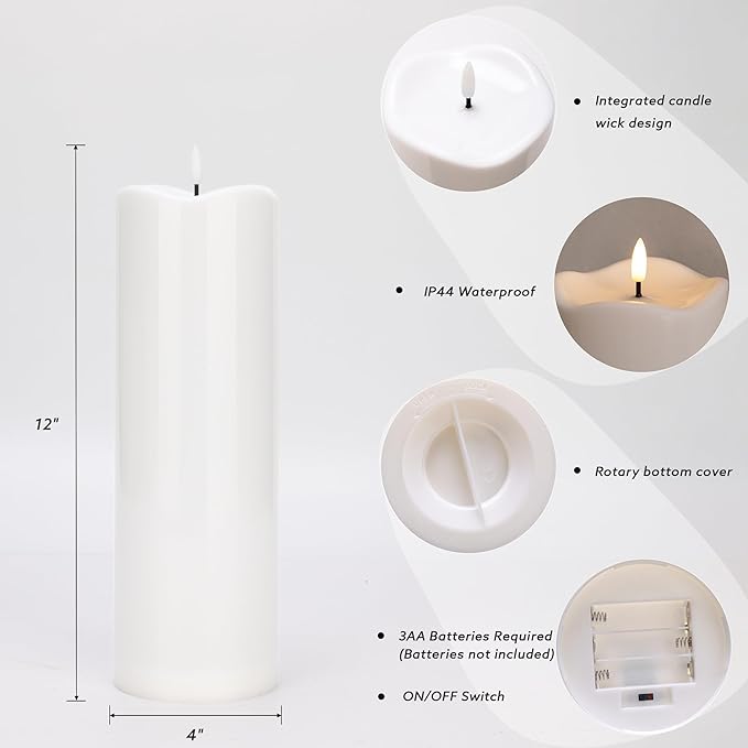 2pack 4"*12" Large Waterproof LED Battary Operated Candles with Remote, Flickering Pillar Electric Flameless Candles for Christmas, Outdoor Larterns,White