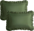 KKJIAF Ruffle Pillow Cases Standard Size Set of 2, Ruffled Pillow Covers with Envelope Closure, Wrinkle Resistant Pillowcases 20" x 26", Ruffled Pillow Shams, Olive Green