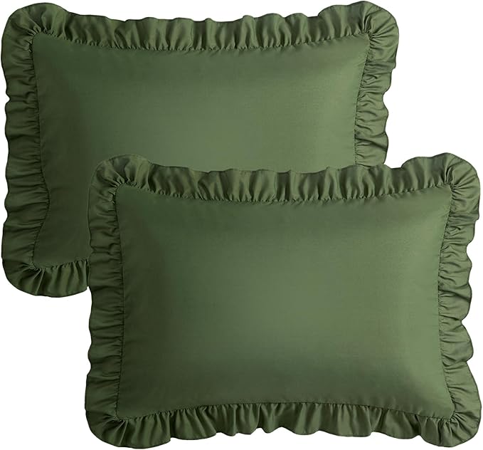KKJIAF Ruffle Pillow Cases King Size Set of 2, Ruffled Pillow Covers with Envelope Closure, Wrinkle Resistant Pillowcases 20" x 36", Ruffled Pillow Shams, Olive Green
