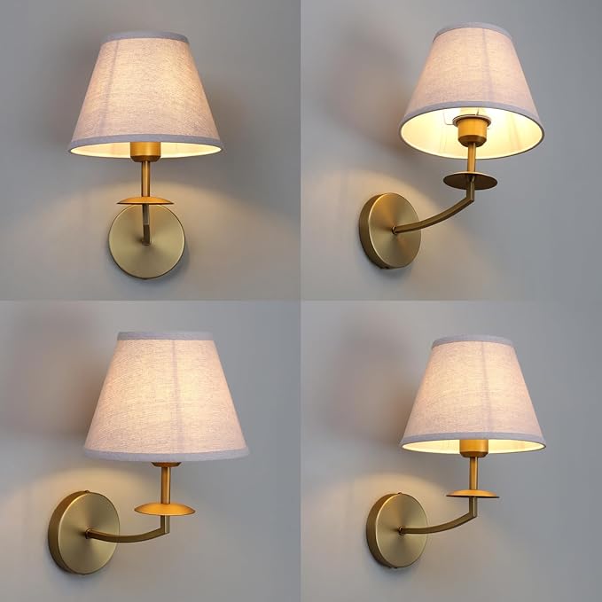 Phansthy Hardwired Wall Sconce Light, Linen Fabric Shade Indoor Wall Lamps, Wall Decor Lightings for Living Room, Bedroom, Hallway, Vanity Mirror (Antique Gold)