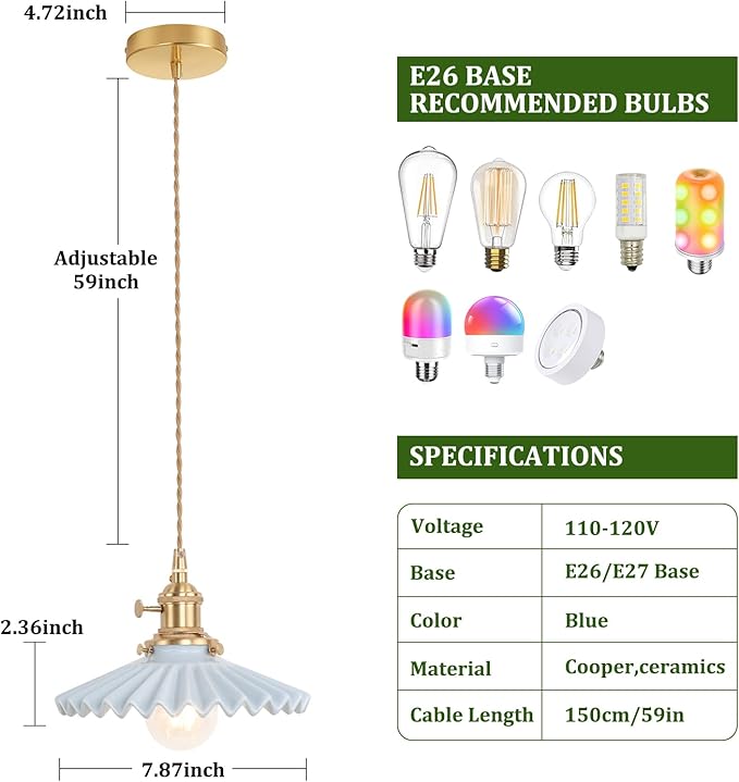 Pendant Light with Blue Pleated Ceramic Lmapshade, Brass Vintage Pendant Light Adjustable Hanging Light for Kitchen Island Dining Room Hallway