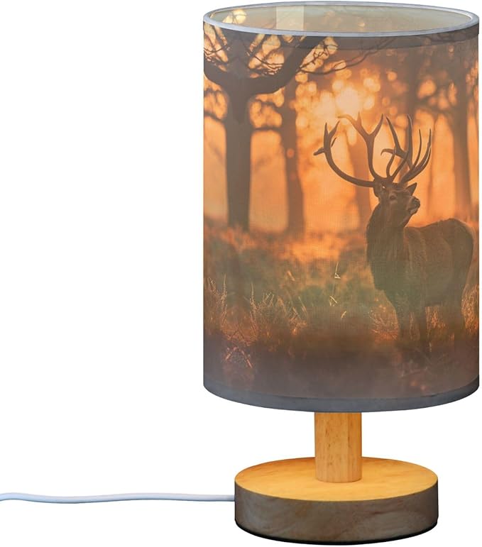 Table Lamp Deer in Sunrise Forest Nightstand Lamp with Wood Base Fabric Lamp Shade Bedside Desk Lamp for Living Room Bedroom Kids Room Office