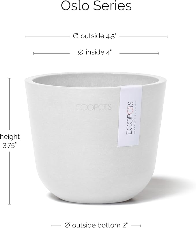 Ecopots Oslo Mini Durable Modern Round Indoor/Outdoor Recycled-Based Composite Flower Pot Planter, Pure White, 4.5"