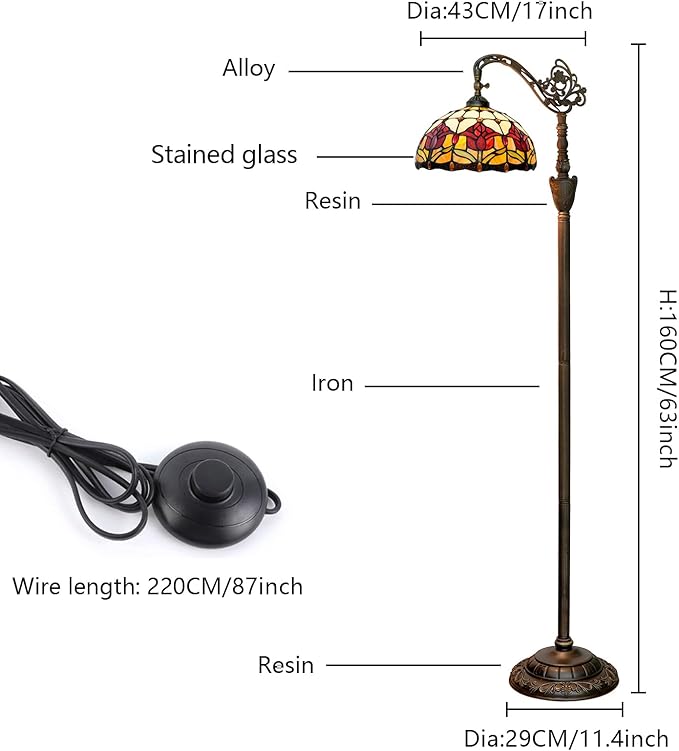 Tiffany Floor Lamp Vintage Standing Lamp Red Tulip Style Stained Glass Floor Light Rustic Corner Gooseneck Floor Lamp with Adjustable Angle for Home Decor Living Room Bedroom 12X12X63 Inches