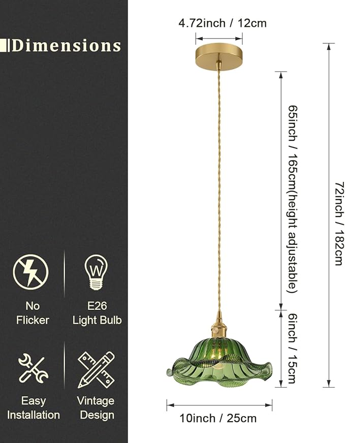 Vintage Glass Pendant Light，Green Flower Ceiling Pendant Light，Gold Adjustable Hanging Wire for Kitchen Island Dining Room Bedroom Hallway (10Inch - Green(A))