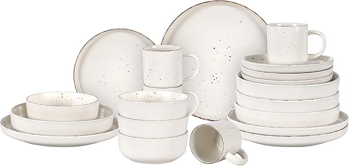 HomeVss, Nordic Shape Rising Rim Stoneware 20pc Dinnerware Set, Matte White with Speckle Finished Effect