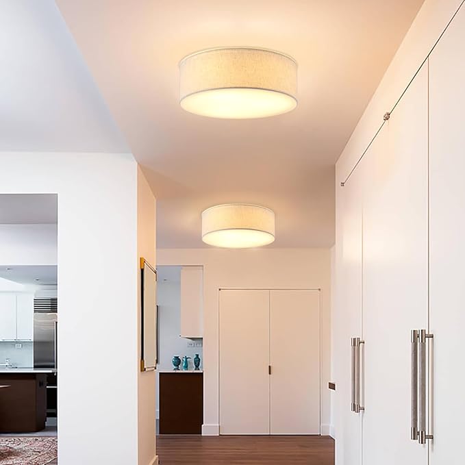 3-Light Ceiling Light Fixture, 13" Drum Flush Mount Ceiling Light, Modern Close to Ceiling Lights with Fabric Linen Shade Farmhouse Flush Mount Light for Bedroom Hallway Kitchen Dining Living Room