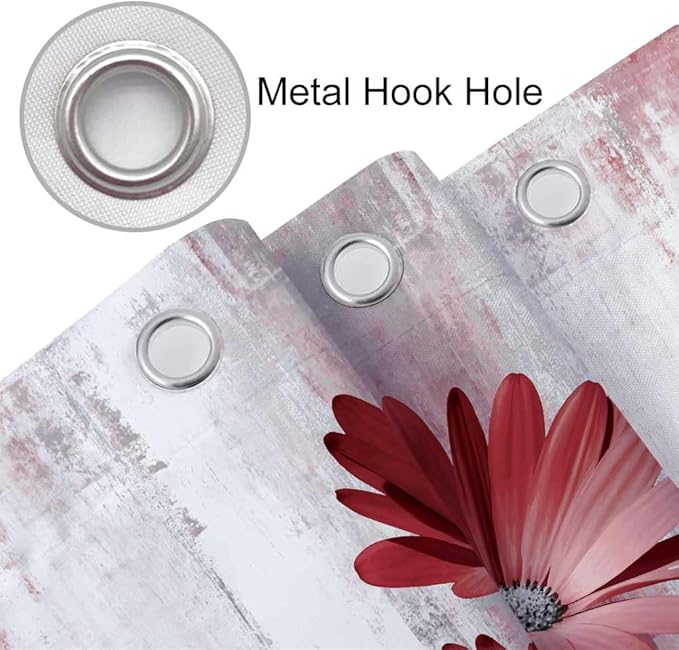 Rustic Farmhouse Shower Curtain, Farm Red Daisy Floral Flowers and Butterfly on Country Wooden Shower Curtain for Bathroom, Light Burgundy Gray Grey Shower Curtain with 12PCS Hooks, 70X70IN