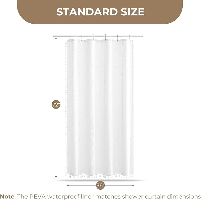 downluxe Linen Texture 3 in 1 Farmhouse Shower Curtain Set with Tassel, Boho Fabric Shower Curtains for Bathroom, White, 36W x 72L