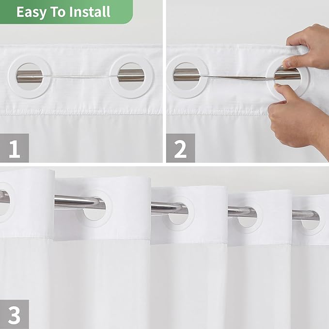 White Long No Hook Shower Curtain with Snap-in Fabric Liner Set,Slub Textured Fabric Shower Curtains for Bathroom,Hotel Style Modern Shower Curtain,Water Repellent& Washable,71x80(78)