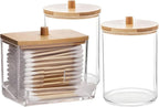 AXX Qtip Dispenser Apothecary Jars Bathroom - Qtip Holder Storage Canister Clear Plastic Jar for Cotton Swab,Q-Tips,Cotton Rounds (C#Bamboo2 3Pcs)
