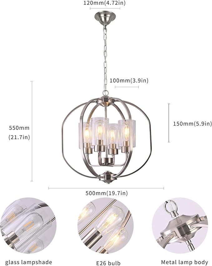 BOZO 20'' Globe Chandelier Brushed Nickel Chandeliers, 4-Light Modern Orb Chandelier,Ceiling Hanging Light Fixture with Glass Shade, Pendant Light for Dining Room Entryway Living Room