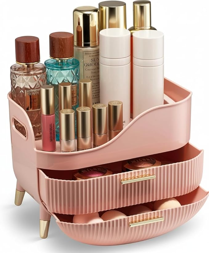 Large Makeup Cosmetic Countertop - Cosmetic Organizer - Vanity, Bathroom Storage for Skin Care Organizer - Space-Saving Design with Drawers - Open-Top, Gold Accents, Portable Side Handles (Pink)