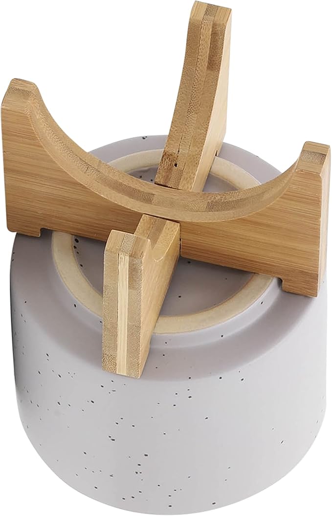 Sagebrook Home Ceramic Planter with Wooden Stand - Modern Stoneware Pot for Indoor & Outdoor Plants - Decorative Round Flower Pot for Home & Garden - 7" Ivory