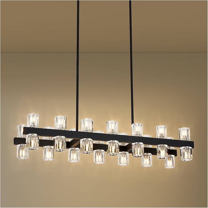 Black Linear Chandelier, 39 Inch 28-Lights Modern Kitchen Island Dining Room Over Table Light Fixture, Industrial Farmhouse Large Pendant Lighting with Crystal Shade