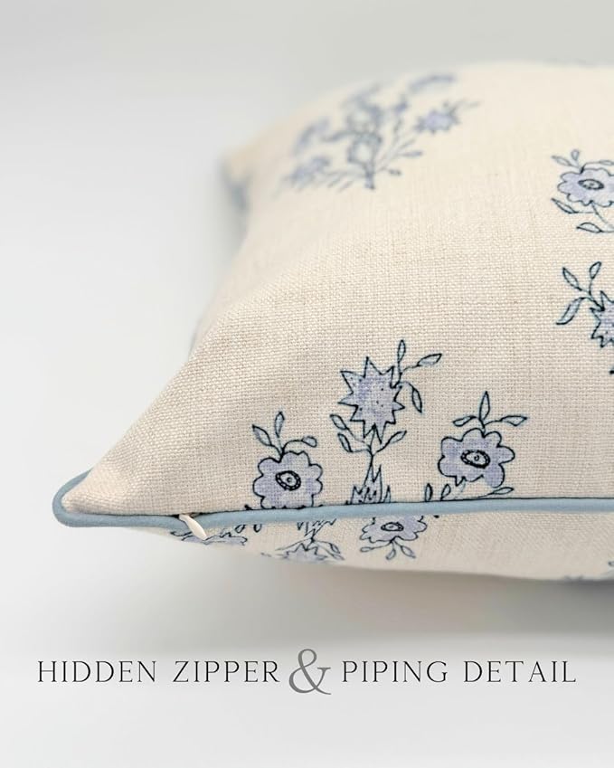“The Mary” Periwinkle Floral Block Print Pillow Cover – Blue and Off-White Decorative Throw Pillow Cover – Grandmillennial Home Decor, 19" x 19"