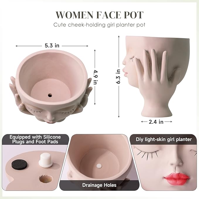 Face Planter Pots for Indoor Plants, Resin Cute Face Flower Pot for Indoor Outdoor Plants with Drainage Hole, Closed Eyes 5.3" Dia 6.3" Tall