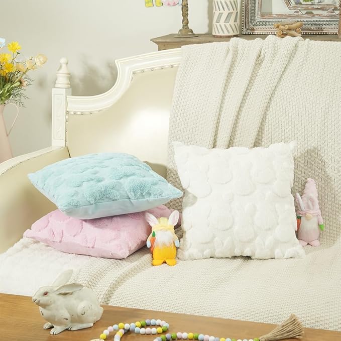 GEEORY Easter Bunny Soft Plush Pillow Covers, 20 x 20 Inch Set of 2, Fluffy Faux Fur Wool Decorative Farmhouse Cushion Case for Sofa Home Decoration Cream GC013-20