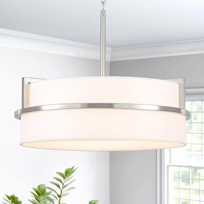 19.7" Modern Drum Chandeliers for Dining Room, 5-Light Brushed Nickel Chandelier with Round Linen Shades Hanging Large Drum Pendant Light Fixtures for Bedroom Living Room Entryway Foyer Kitchen