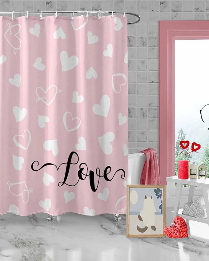 Vandarllin Pink Valentine's Day Shower Curtain, Valentines Love Heart Shower Curtains Set with Hooks, Waterproof Fabric Bathroom Curtains Decor Home Accessories,66 X 72 Inch Long