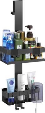 Emibele Over The Door Shower Caddy 2 Tier, 304 Stainless Steel Hanging Shower Caddy Rustproof Shower Shelves, No Drilling Hanging Shower Organizer for Bathroom Glass Door, Black