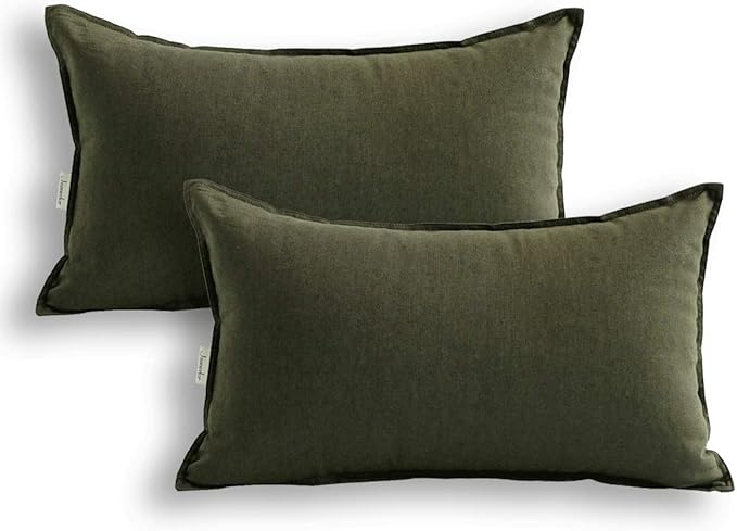 Jeanerlor Cotton Linen Square Decorative Throw Pillow Case Cushion Cover with Twin Needles Stitch on Edge, 12"x20"(30 x 50cm), 2 Pcs, Olive Green