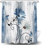 Rustic Farmhouse Shower Curtain, Farm Blue Daisy Floral Flowers and Butterfly on Country Wooden Shower Curtain for Bathroom, Turquoise Blue Bathroom Shower Curtains with 8 PCS Hooks, 47X64IN
