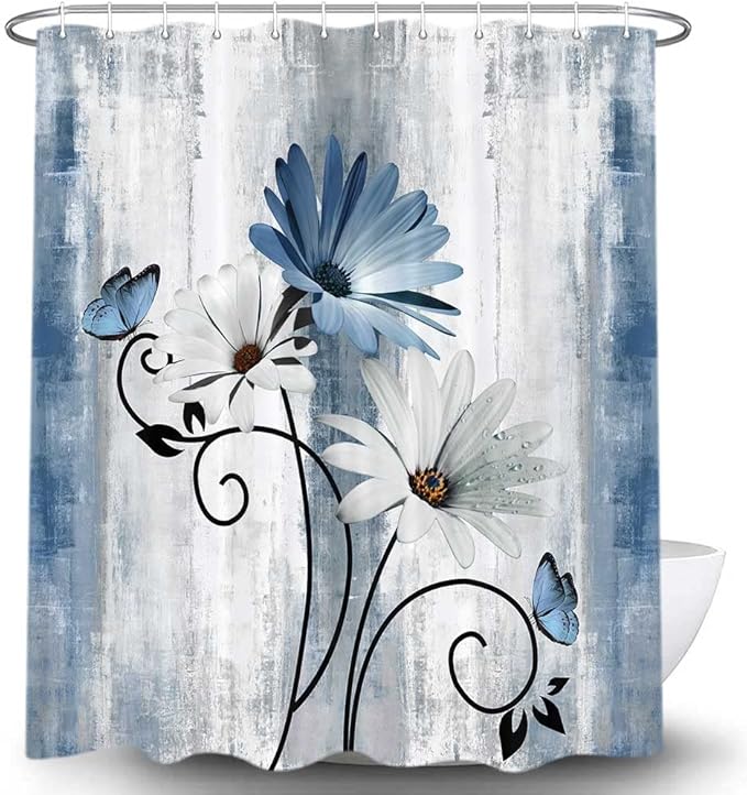 Rustic Farmhouse Shower Curtain, Farm Blue Daisy Floral Flowers and Butterfly on Country Wooden Shower Curtain for Bathroom, Turquoise Blue Bathroom Shower Curtains with 12PCS Hooks, 70X75IN