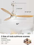 Sofucor Ceiling Fan with Lights, 52 Inch Low Profile Flush Mount Mordern Wood Ceiling Fan with Remote for Indoor Farmhouse Bedroom Living Room Outdoor Patio Porch, Reversible DC Motor, Noiseless