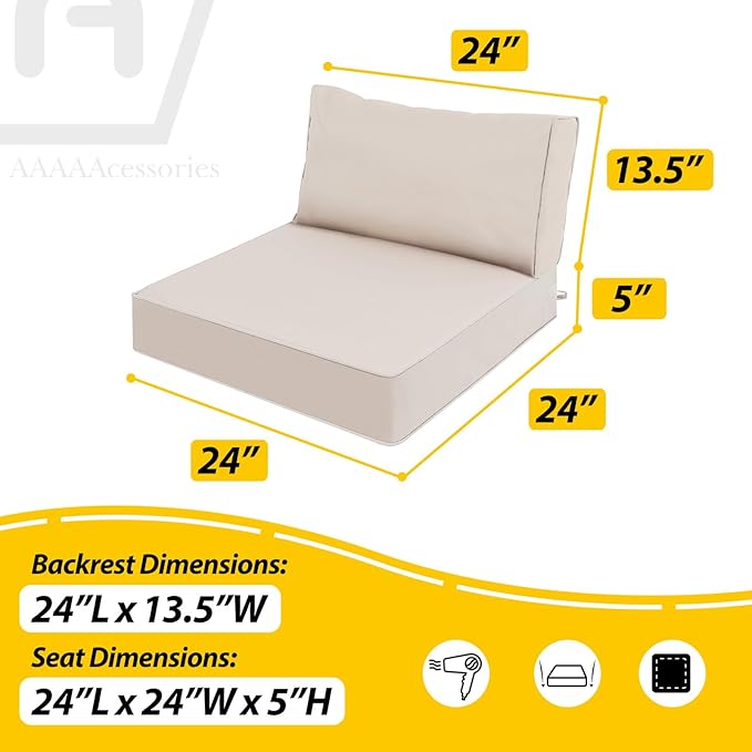 AAAAAcessories Outdoor Deep Seat Cushions, Waterproof, Fade-Resistant Patio Furniture Replacement Cushions, 24" x 24" x 5" + 24" x 13.5", Set of 2, Khaki Beige