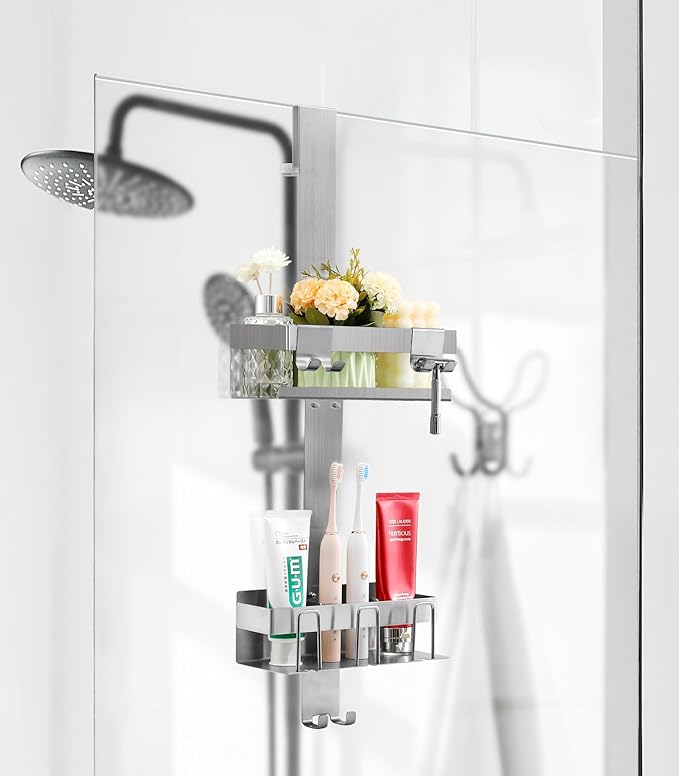 Emibele Over The Door Shower Caddy 2 Tier, 304 Stainless Steel Hanging Shower Caddy Rustproof Shower Shelves, No Drilling Hanging Shower Organizer for Bathroom Glass Door, Silver