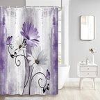 Rustic Farmhouse Shower Curtain, Farm Purple Daisy Floral Flowers and Butterfly on Country Wooden Shower Curtain for Bathroom, Violet Grey Bathroom Shower Curtains with 12PCS Hooks, 48X70IN
