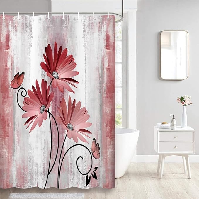 Rustic Farmhouse Shower Curtain, Farm Red Daisy Floral Flowers and Butterfly, Light Burgundy Gray Shower Curtain with 12PCS Hooks, 48X70IN