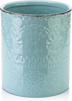 DOWAN 7.2" Kitchen Utensil Holder, Extra Large Farmhouse Utensil Holders for Countertop, Ceramic Utensil Crock, Anti Slip Cork Bottom (Blue, 7.2 Inch)