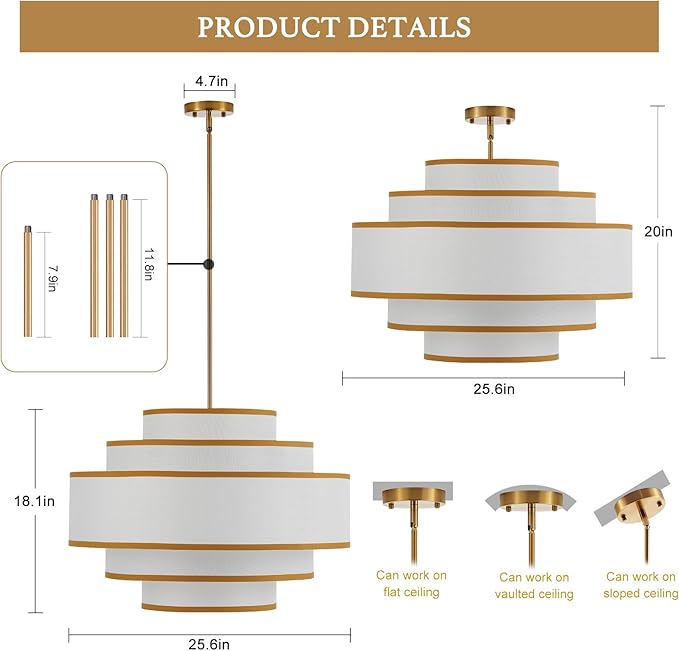 25.6" Gold Drum Chandelier with White Linen Lampshade 6-Light Modern Farmhouse Chandelier Light Fixture for Living Room, Dining Room, Kitchen Island, Entryway, Stairway