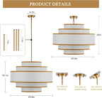 25.6" Gold Drum Chandelier with White Linen Lampshade 6-Light Modern Farmhouse Chandelier Light Fixture for Living Room, Dining Room, Kitchen Island, Entryway, Stairway
