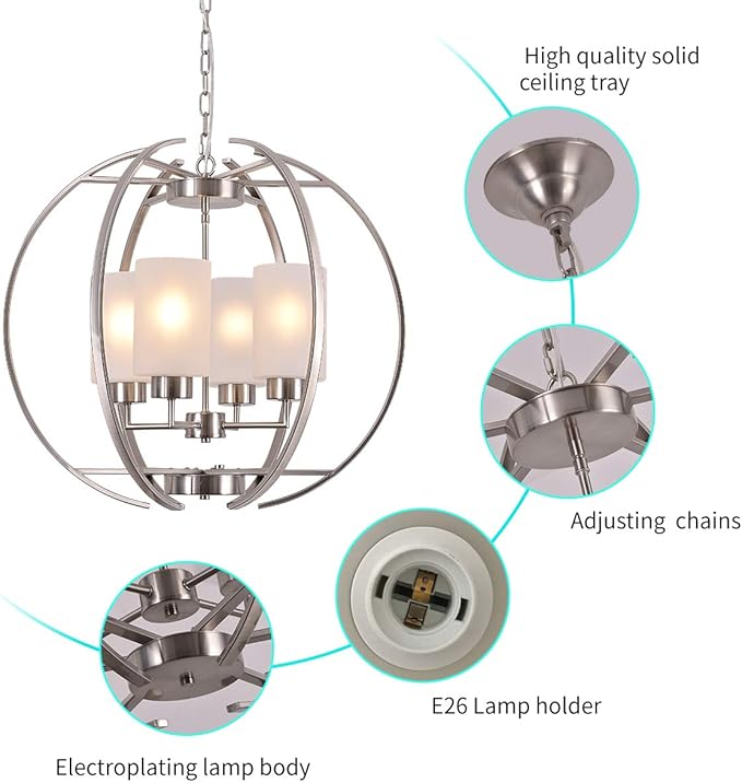Globe Brushed Nickel Chandelier Dining Room Light Fixture Modern 24" Kitchen Chandeliers Over Table Hanging Industrial Pendant Lights for Island Foyer Restaurant