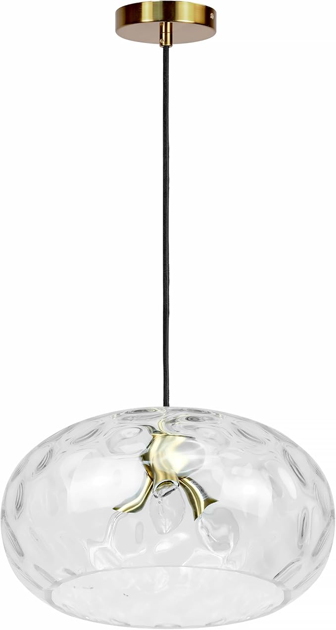 Large Glass Pendant Lighting, 14" Hammered Lampshade Hanging Lamp, 3-Light Brass Gold Chandelier for Dining Living Room Kitchen Island (Clear Glass Shade, 14 Inches)