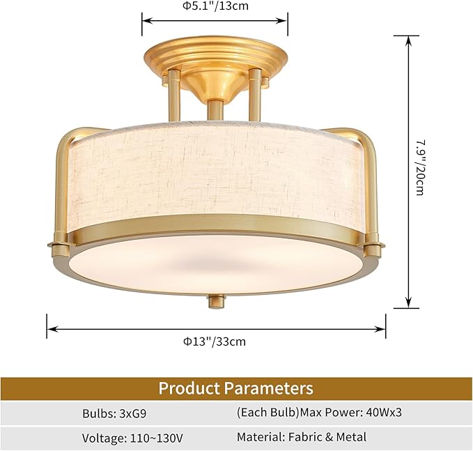 Modern Drum Ceiling Light, Semi-Flushmount Close to Ceiling Light Fixture for Living Room, Bedroom, Dining Room,Kitchen, D13 x 8 in, Linen Fabric Shade & Gold Finish Metal Frame