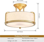 Modern Drum Ceiling Light, Semi-Flushmount Close to Ceiling Light Fixture for Living Room, Bedroom, Dining Room,Kitchen, D13 x 8 in, Linen Fabric Shade & Gold Finish Metal Frame