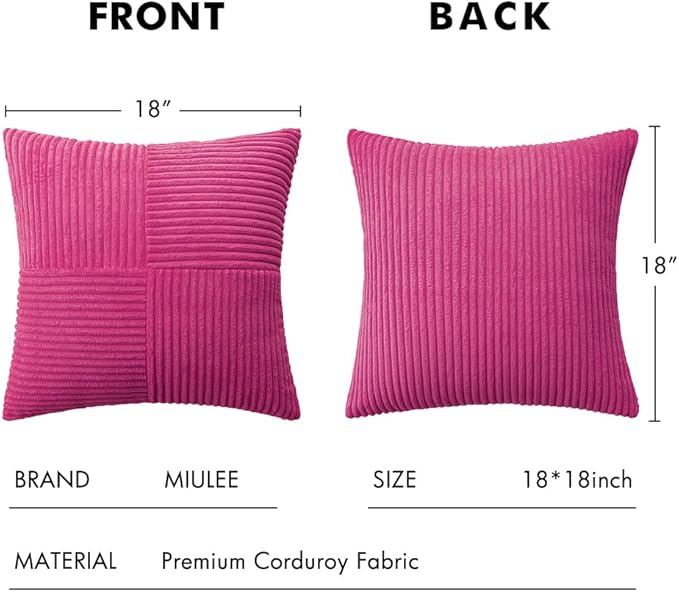 MIULEE Hot Pink Corduroy Pillow Covers Pack of 2 Boho Decorative Spliced Throw Pillow Covers Soft Solid Couch Pillowcases Cross Patchwork Textured Cushion Covers for Living Room Bed Sofa 18x18 inch