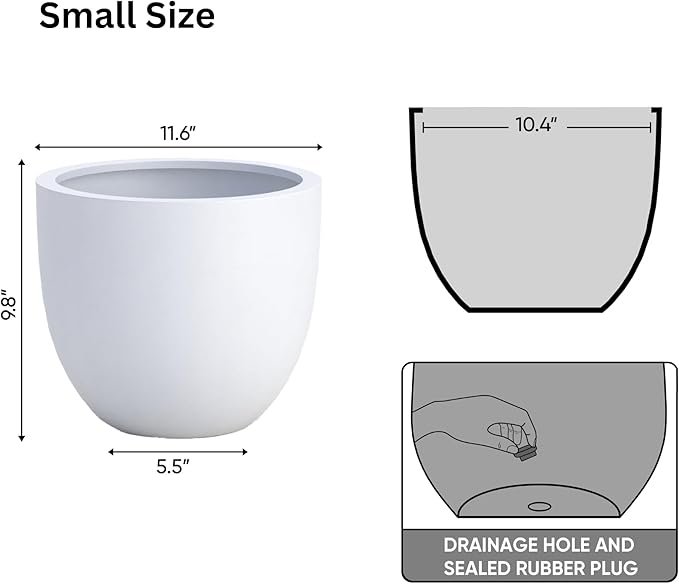 DTY Signature Mount Belford Lightweight and Durable Modern Fiberstone Egg Shaped Planter for Indoor Outdoor Drainage Hole & Rubber Plug Weather Resistant, 10" H x 12" Dia, 10" Opening - Small, White