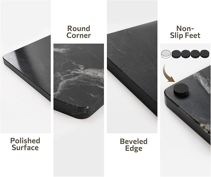 Natural Black Marble Cutting Board For Kitchen, 16 x 20 Inch Marble Slab Granite Cutting Board With Non-Slip Feet For Baking, Cheese, Chocolate, Black White Veins