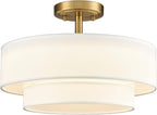 DAYCENT Modern Gold Semi Flush Mount Ceiling Light with Drum Shade 3000K/4500K/5500K LED Flush Mount Drum Lamp Brass Ceiling Light Fixtures for Hallway Bedroom Kitchen Living Room, 30W