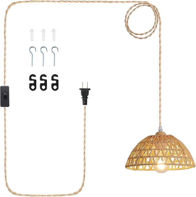 Plug in Farmhouse Wicker Pendant Light, 1-Light Boho Rattan Chandelier Light Fixture, Ceiling Hanging with Woven Lampshade, for Kitchen Bedroom Island Hallway, ETL Listed