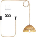 Plug in Farmhouse Wicker Pendant Light, 1-Light Boho Rattan Chandelier Light Fixture, Ceiling Hanging with Woven Lampshade, for Kitchen Bedroom Island Hallway, ETL Listed