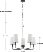 Chandelier, Matte Black with White Fabric Shade, Farmhouse Linear Island Lighting Fixture for Kitchen, Dining Room (5-Light Matte Black with Fabric Shades)