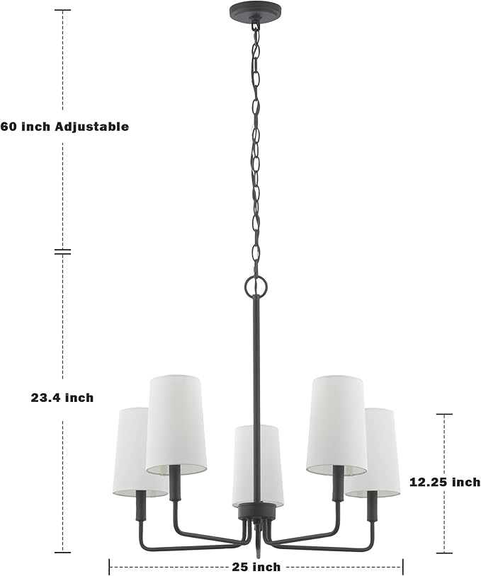 Chandelier, Matte Black with White Fabric Shade, Farmhouse Linear Island Lighting Fixture for Kitchen, Dining Room (5-Light Matte Black with Fabric Shades)